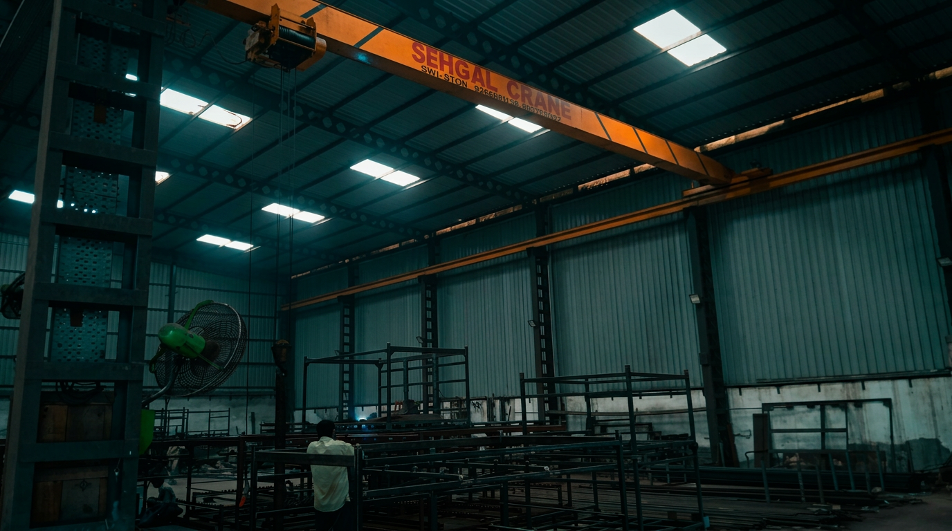 Fabrication shop floor with overhead crane and sparks