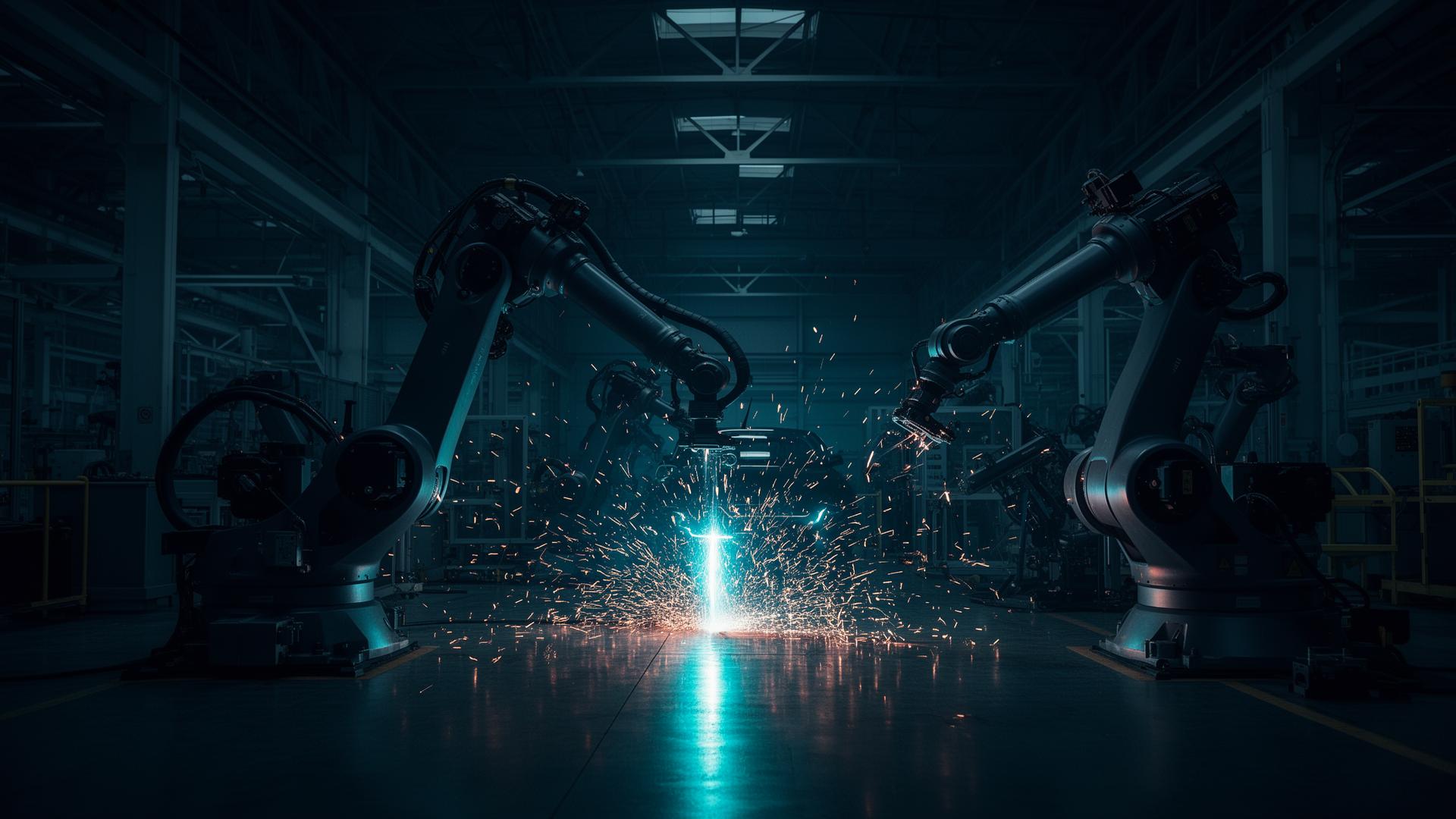 Robotic welding cell on automotive fabrication floor